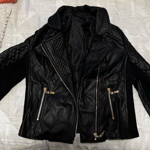 Black Quilted Leather Jacket with Gold Zippers
